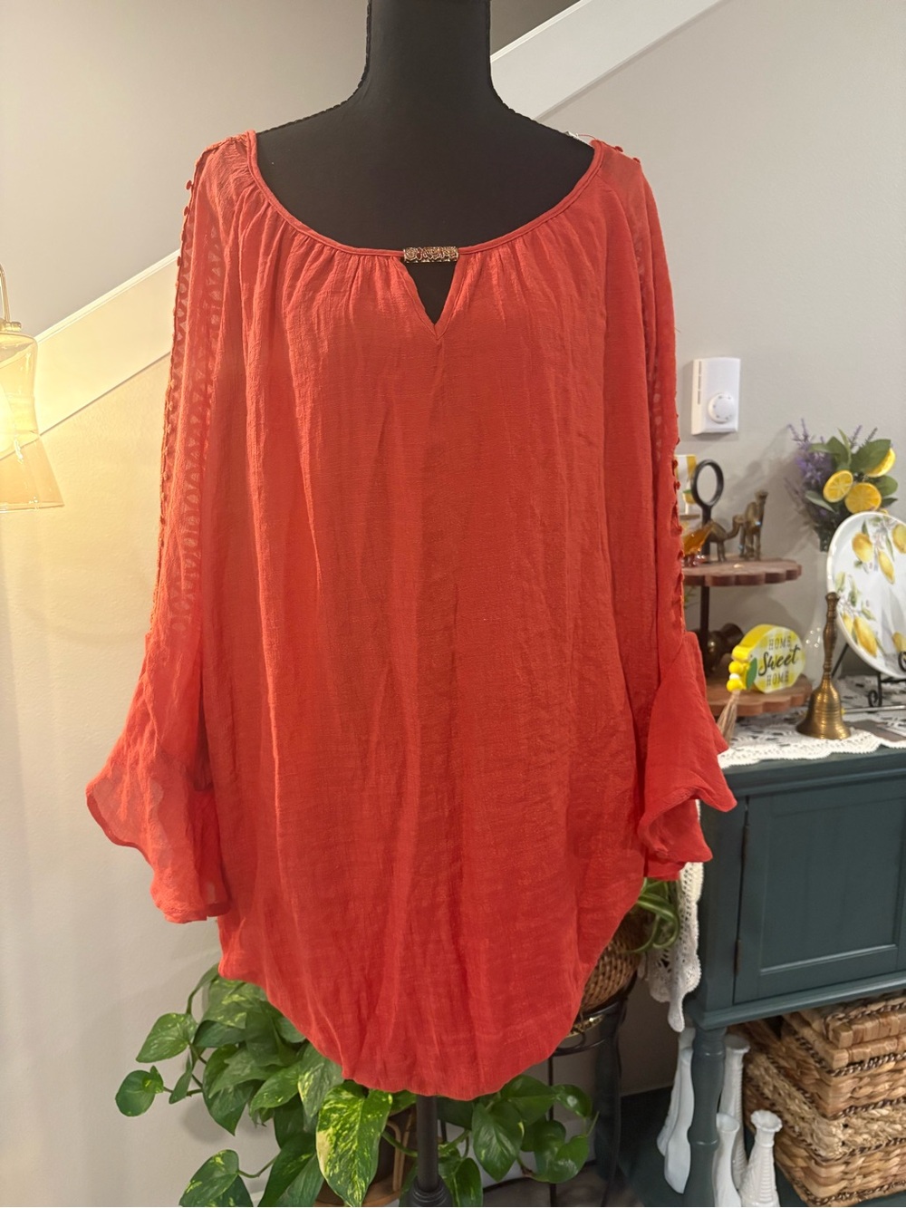 Women's Lightweight Orange Peasant Tunic with Keyhole Detail